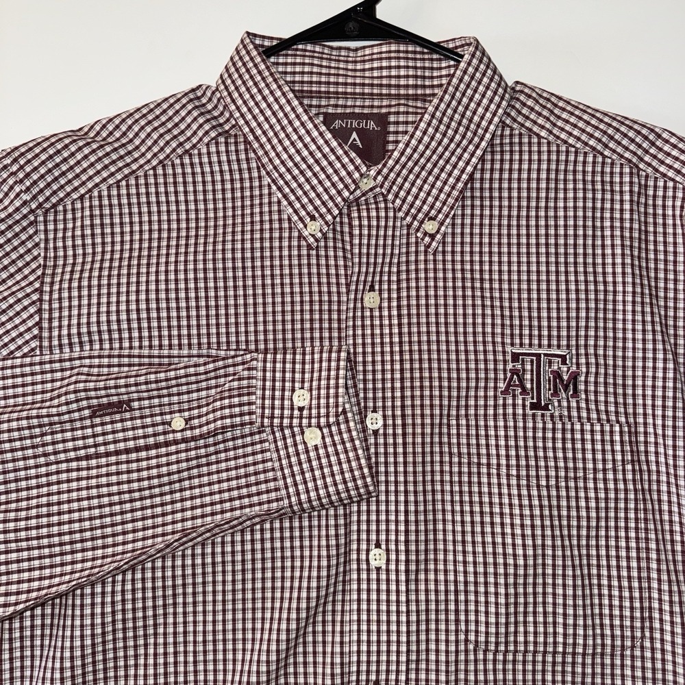 Men's Large Antigua Plaid Burgundy Long Sleeve Texas‎ A&M Button-Down Shirt